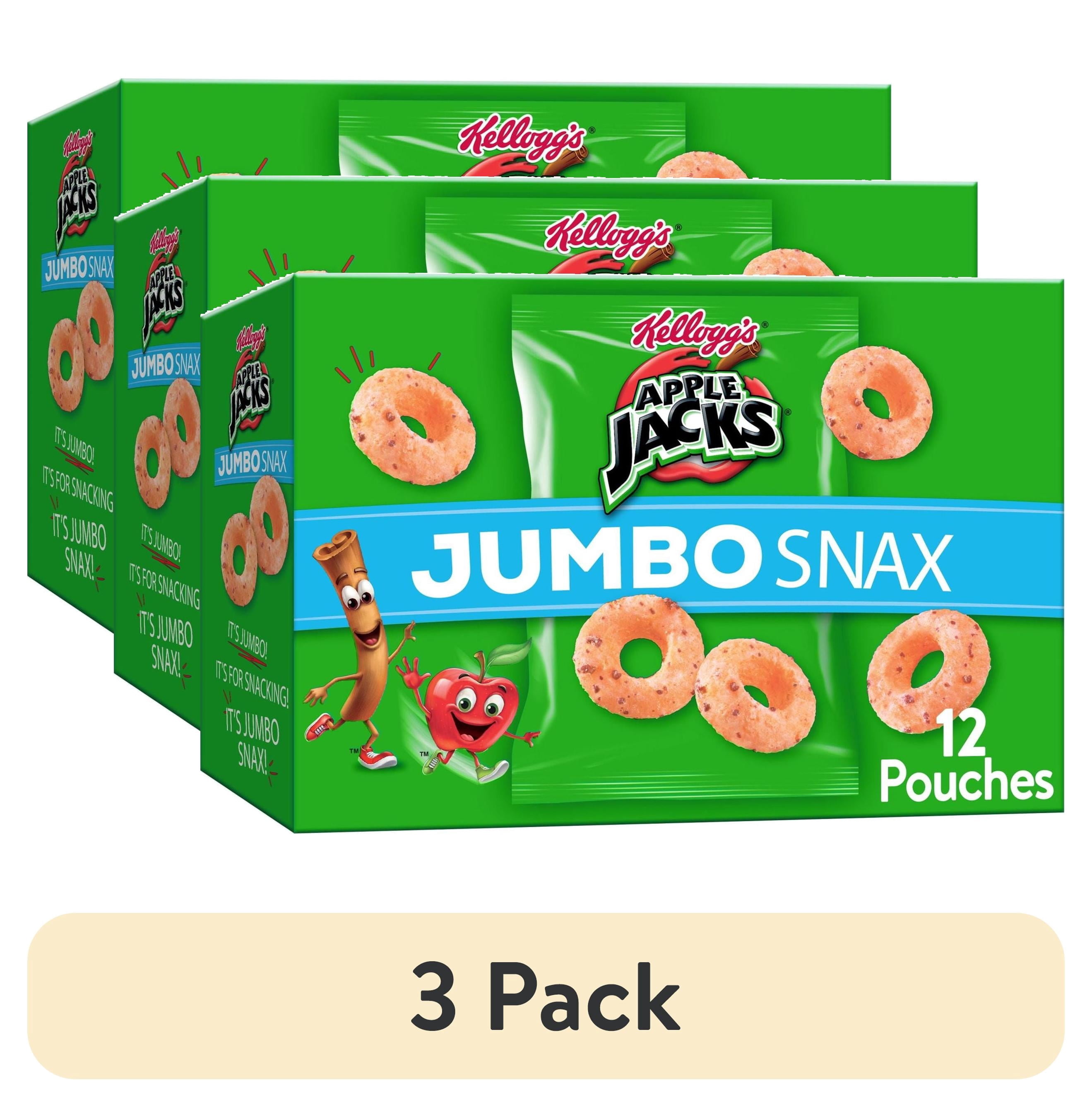 (3 pack) Kellogg's Apple Jacks Jumbo Snax Cereal Snacks, Lunch Box Snacks, Original, 5.4oz Box (12 Pouches)