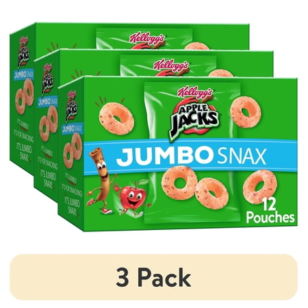 (3 pack) Kellogg's Apple Jacks Jumbo Snax Cereal Snacks, Lunch Box Snacks, Original, 5.4oz Box (12 Pouches)