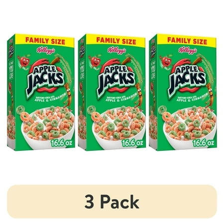 (3 pack) Kellogg's Apple Jacks Original Breakfast Cereal, 15g Whole Grains, Family Size, 16.6  oz