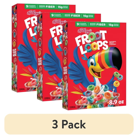 (3 pack) Kellogg's Froot Loops Original Breakfast Cereal, Good Source of Fiber, 8.9 oz