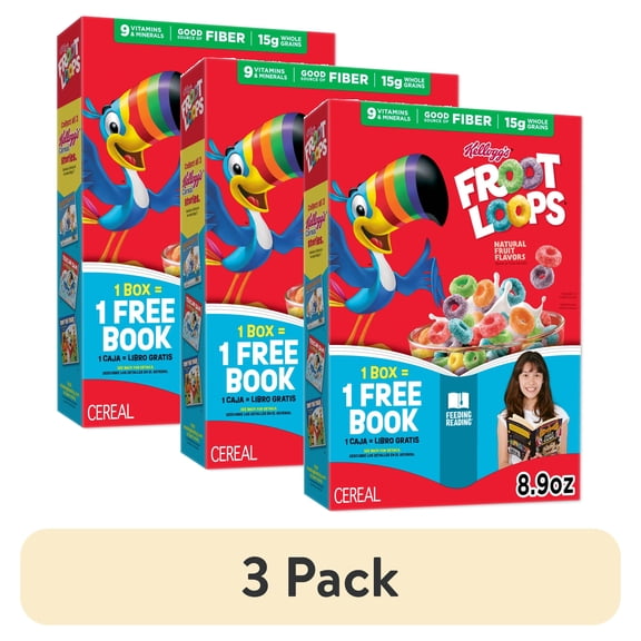 (3 pack) Kellogg's Froot Loops Original Breakfast Cereal, Good Source of Fiber, 8.9 oz
