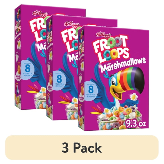 (3 pack) Kellogg's Froot Loops Original with Marshmallows Breakfast Cereal, 12g Whole Grains, 9.3 oz