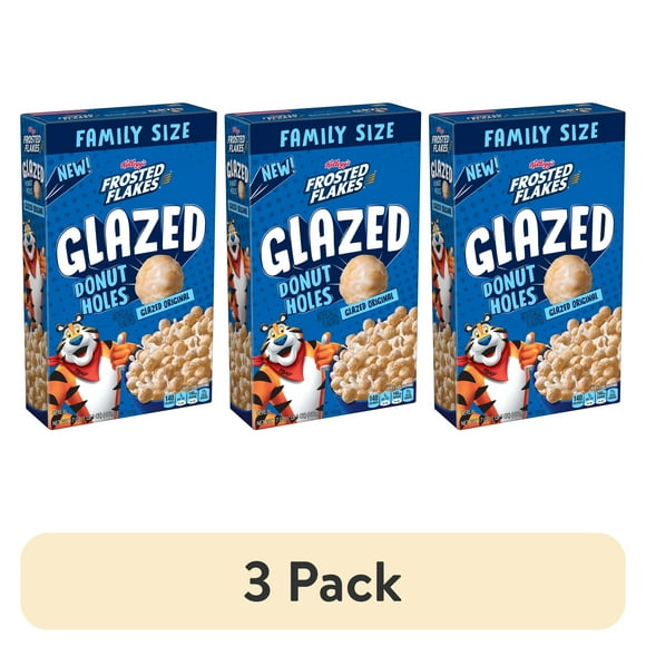 (3 pack) Kellogg's Frosted Flakes Glazed Donut Holes Breakfast Cereal, Kids Cereal, Family Breakfast, Family Size, Original, 17oz Box