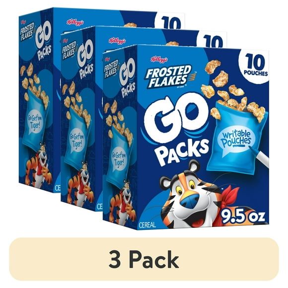 (3 pack) Kellogg's Frosted Flakes Go Packs Cereal, Kids Snacks, Lunch Snacks, Original, 12oz Box (10 Pouches)