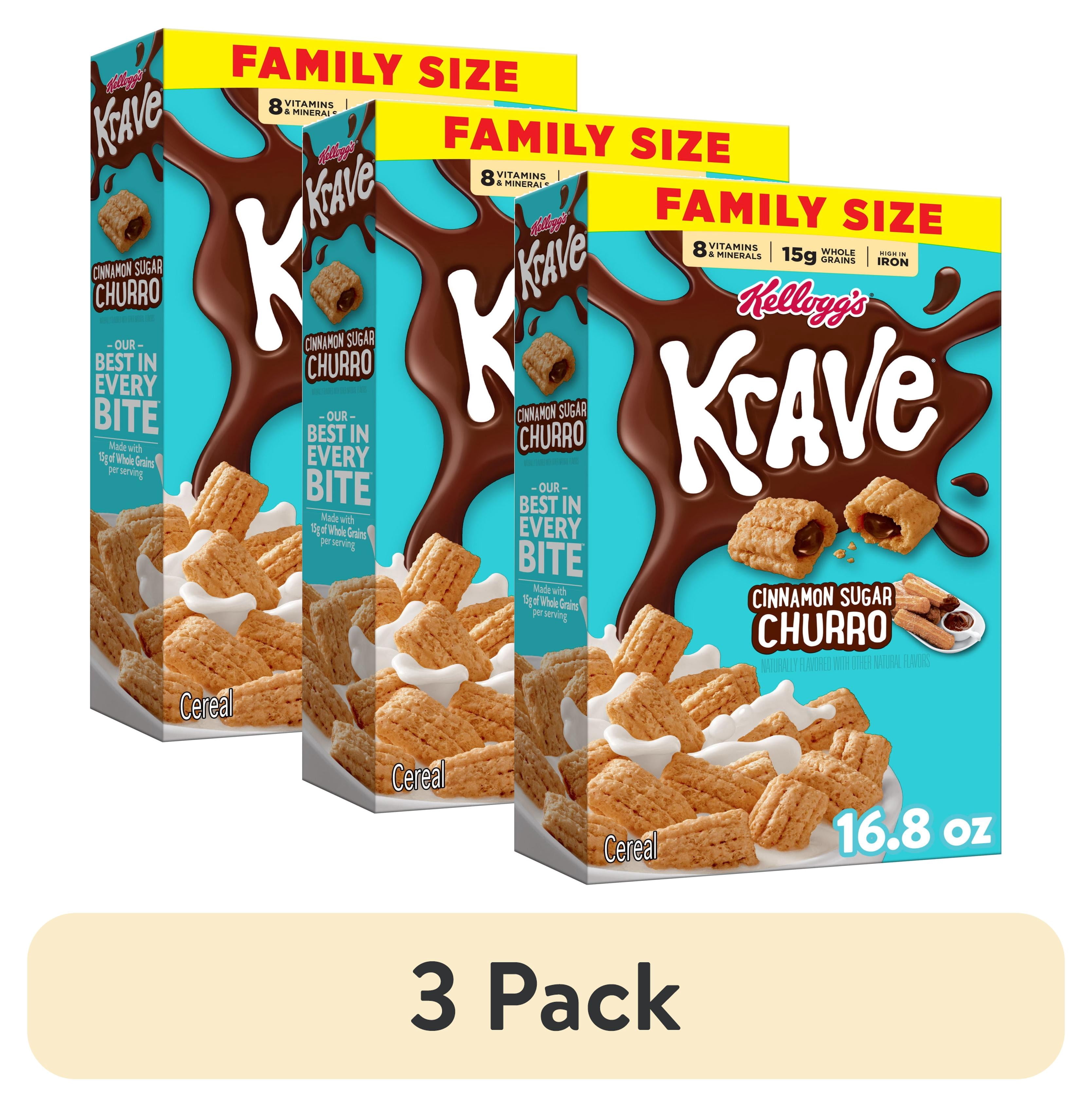 (3 pack) Kellogg's Krave Cinnamon Sugar Churro Breakfast Cereal, Breakfast Food, Family Size, 16.8 oz