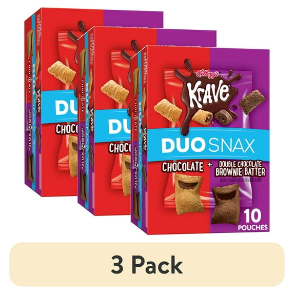 (3 pack) Kellogg's Krave Duo Snax Cereal Snacks, Kids Snacks, Lunch Snacks, Chocolate and Double Chocolate Brownie Batter, 5oz Box (10 Pouches)