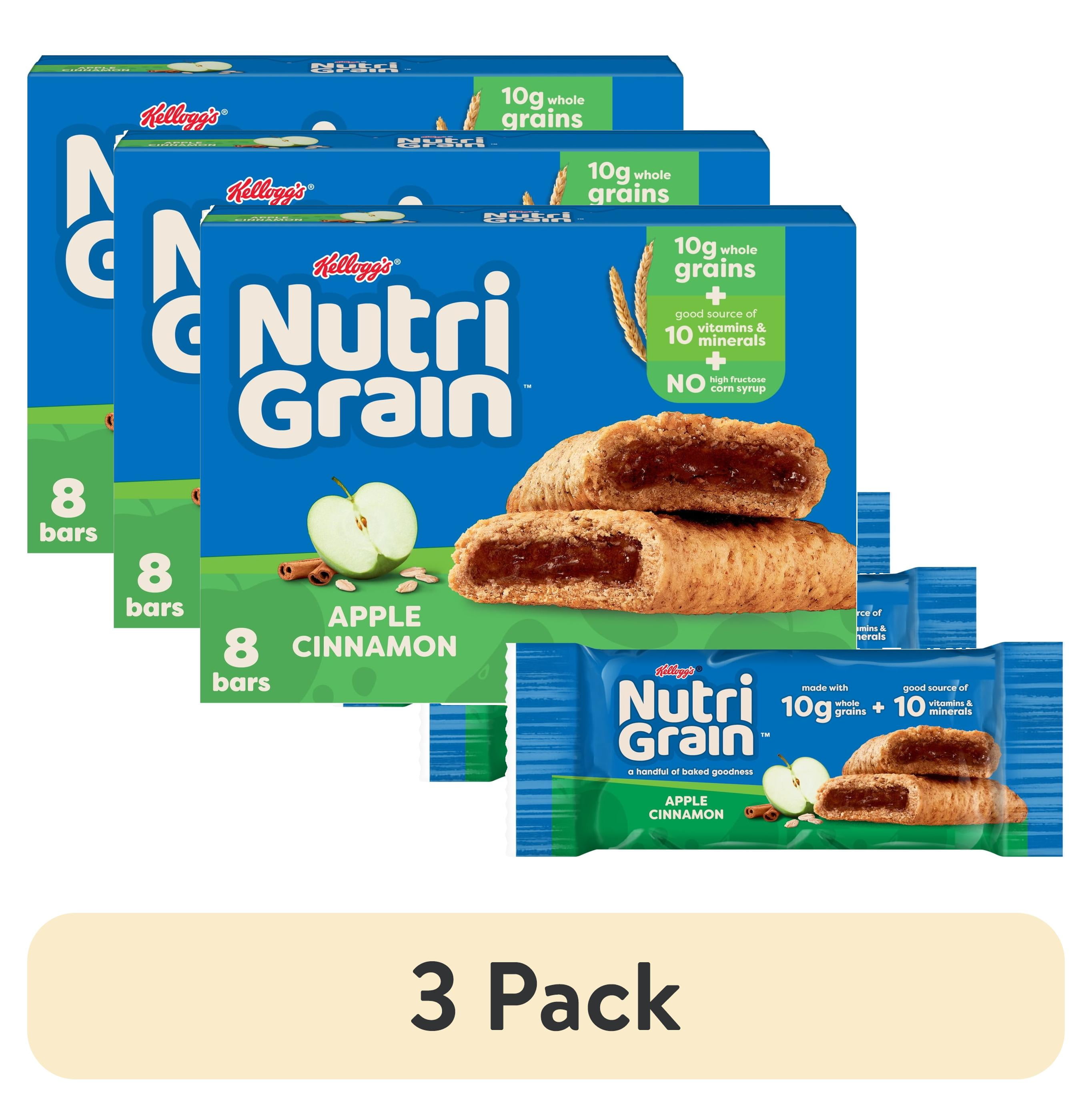 (3 pack) Kellogg's Nutri-Grain Apple Cinnamon Chewy Breakfast Bars, Made with 10g Whole Grains, 10.4 oz, 8 Count