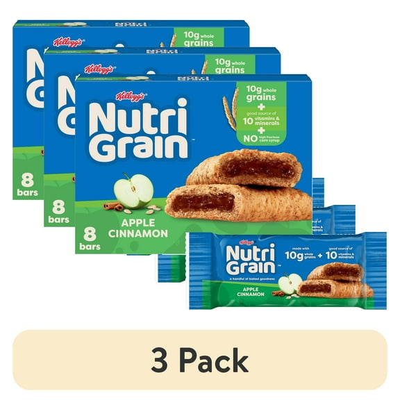 (3 pack) Kellogg's Nutri-Grain Apple Cinnamon Chewy Breakfast Bars, Made with 10g Whole Grains, 10.4 oz, 8 Count