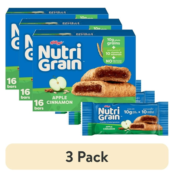 (3 pack) Kellogg's Nutri-Grain Apple Cinnamon Chewy Breakfast Bars, Made with 10g Whole Grains, 20.8 oz, 16 Count