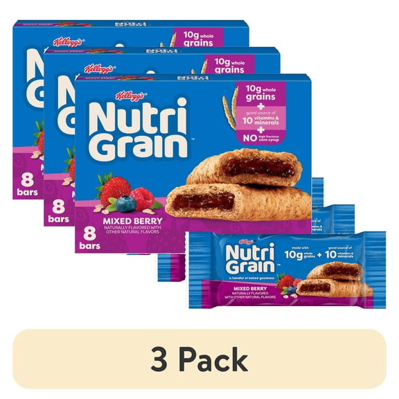 (3 pack) Kellogg's Nutri-Grain Mixed Berry Chewy Breakfast Bars, Made with 10g Whole Grains, 10.4 oz, 8 Count