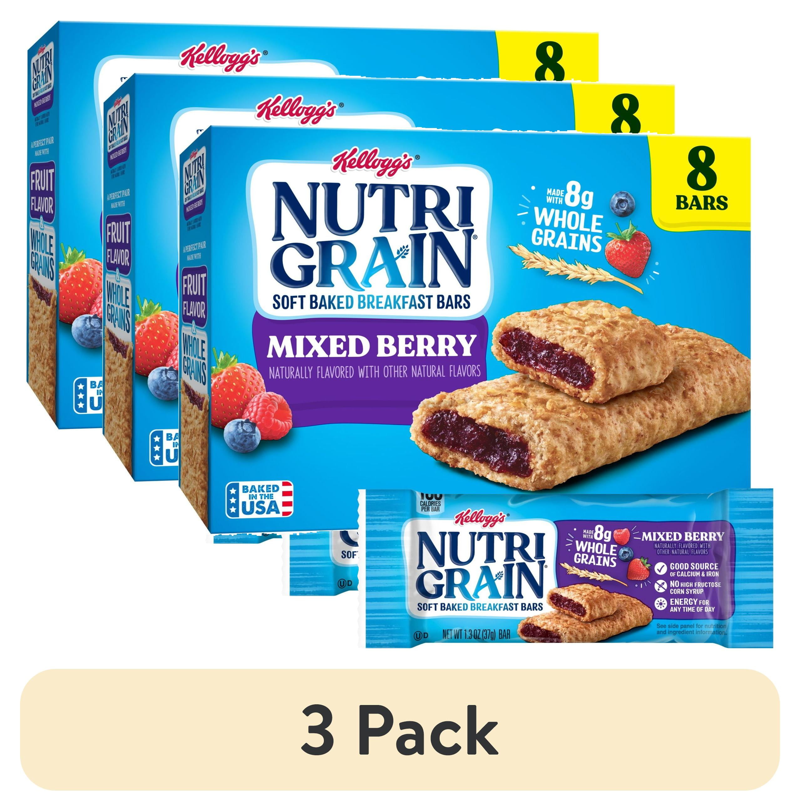 (3 pack) Kellogg's Nutri-Grain Mixed Berry Chewy Breakfast Bars, Made with 10g Whole Grains, 10.4 oz, 8 Count