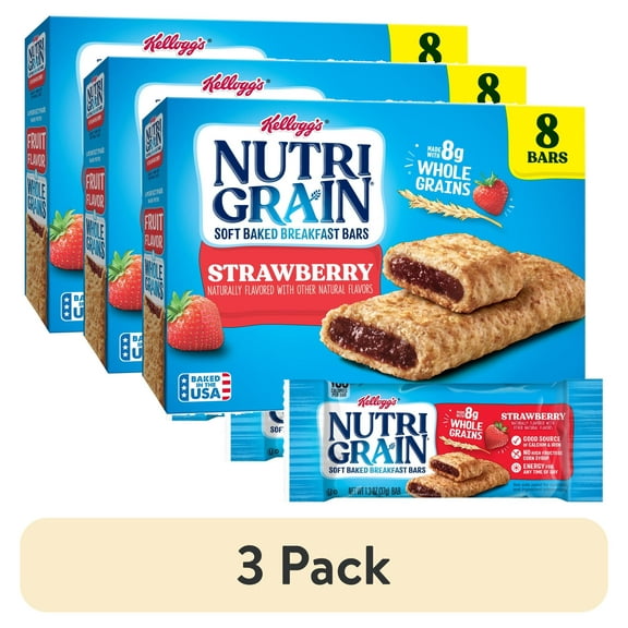 (3 pack) Kellogg's Nutri-Grain Strawberry Chewy Breakfast Bars, Made with 10g Whole Grains, 10.4 oz, 8 Count