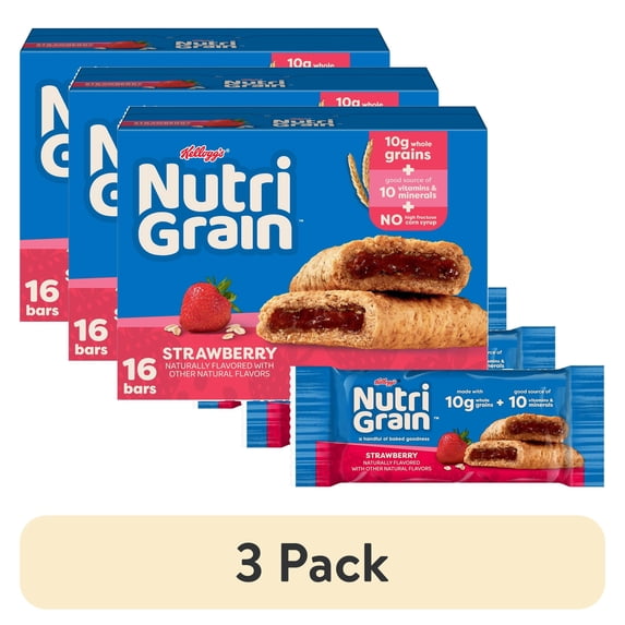 (3 pack) Kellogg's Nutri-Grain Strawberry Chewy Breakfast Bars, Made with 10g Whole Grains, 20.8 oz, 16 Count