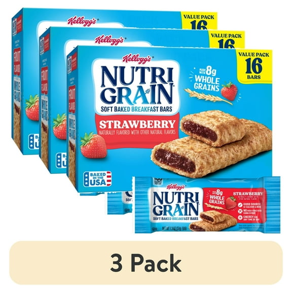 (3 pack) Kellogg's Nutri-Grain Strawberry Chewy Breakfast Bars, Made with 10g Whole Grains, 20.8 oz, 16 Count