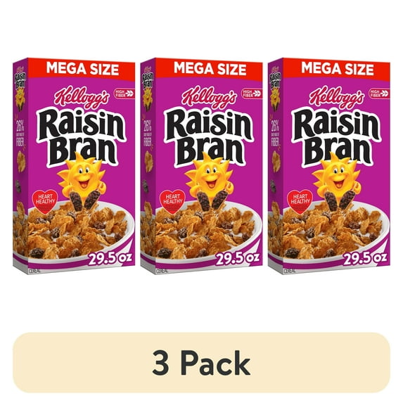(3 pack) Kellogg’s Raisin Bran Breakfast Cereal, High Fiber, 28g Whole Grain, Mega Size, 29.5 oz