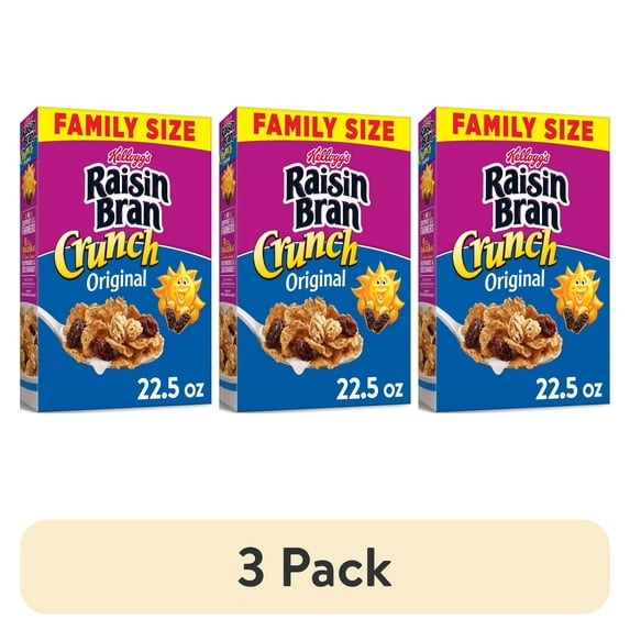 (3 pack) Kellogg's Raisin Bran Crunch Breakfast Cereal, Family Breakfast, Fiber Cereal, Family Size, Original, 22.5oz Box (1 Box)