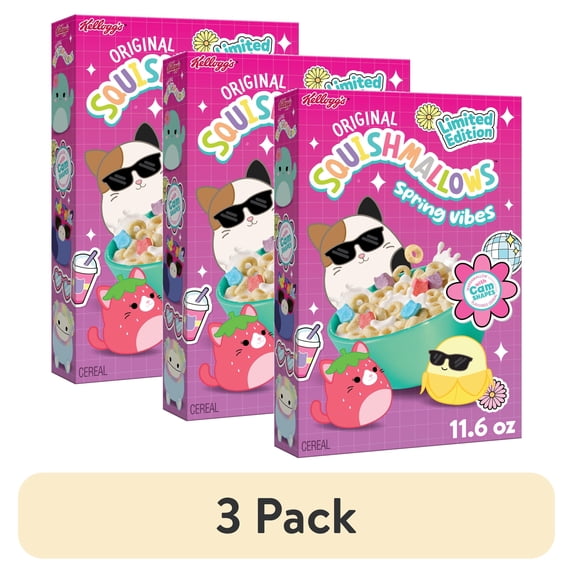 (3 pack) Kellogg's Squishmallows Spring Vibes Breakfast Cereal, Kids Cereal, Limited Edition, Original with Marshmallows, 11.6 oz Box