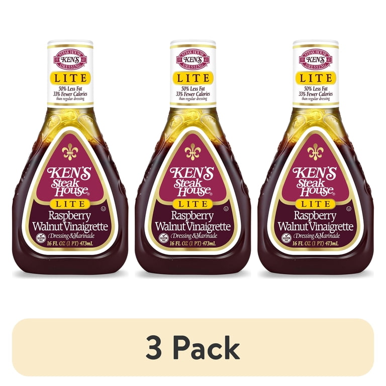 (3 Pack) Ken's Steak House Raspberry Walnut Vinaigrette Dressing Lite 16 oz Plastic Bottle