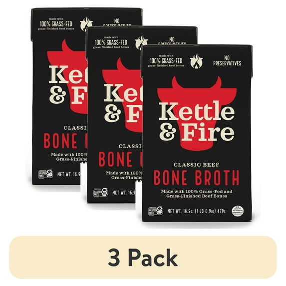 (3 pack) Kettle & Fire Beef Bone Broth, Shelf-Stable, 16.9oz