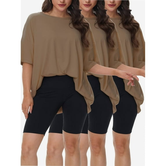 3-pack Khaki Women's Plus Size T Shirts Oversized Tees Summer Half Sleeve Crew Neck Tunic Tops
