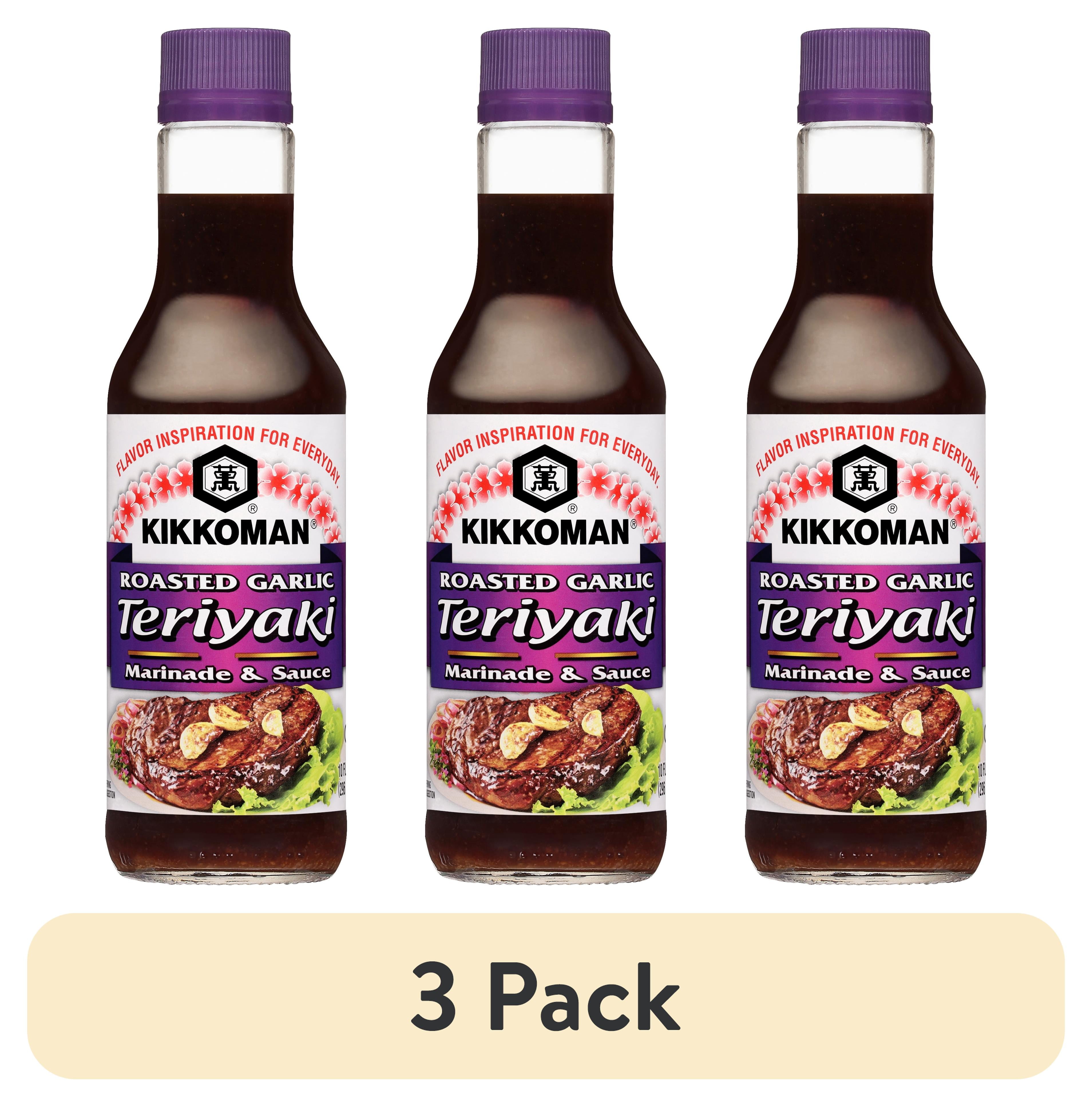 (3 pack) Kikkoman Roasted Garlic Teriyaki Marinade & Sauce, 10 fl oz, 1 Count, Shelf Stable, Glass Bottle