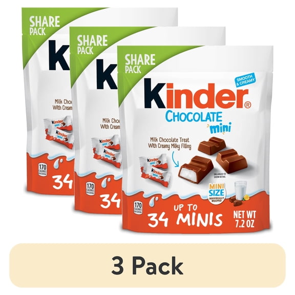 (3 pack) Kinder Chocolate Mini Bars with Hazelnut Filling, Chocolate Candy Bars for Game Day, Football Party Supplies, Snacks for Adults, 7.2 oz.