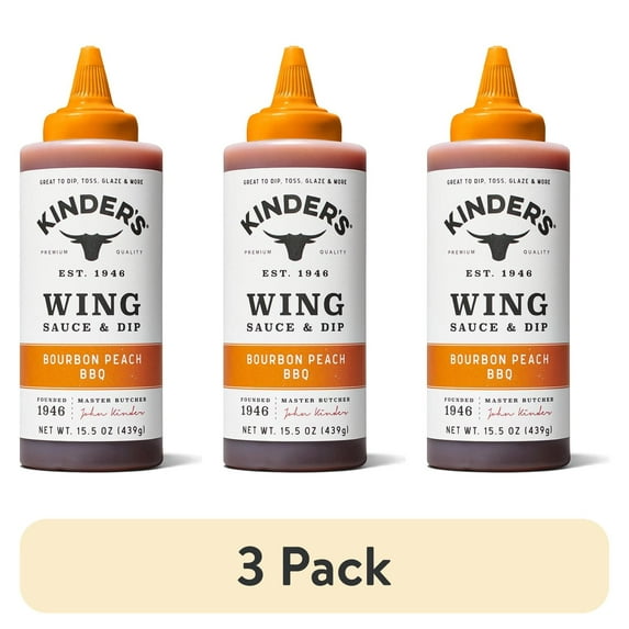 (3 pack) Kinder's Bourbon Peach BBQ Wing Sauce and Dip, 15.5 oz Squeeze Bottle