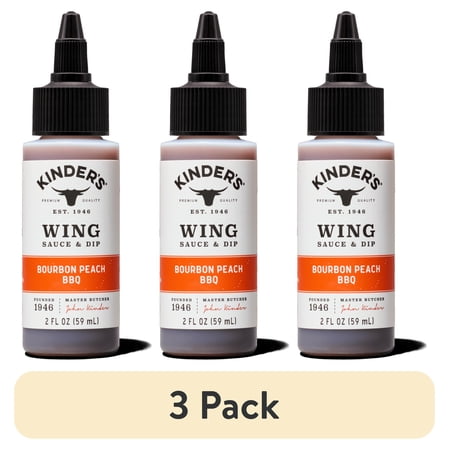 (3 pack) Kinder's Bourbon Peach BBQ Wing Sauce and Dip, 2 fl oz Small Bottle