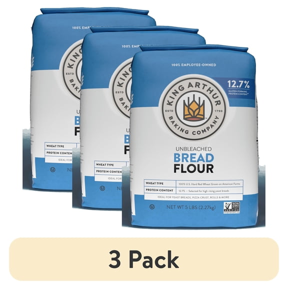 (3 pack) King Arthur Baking Company Non-GMO Project Verified, Certified Kosher Unbleached Bread Flour, 5 lb Bag