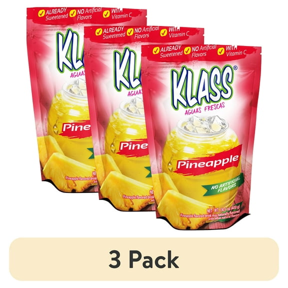 (3 pack) Klass Aguas Frescas Pineapple, with Vitamin C, Multiserve, Powdered Drink Mix, 14.1oz