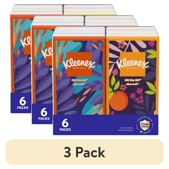 (3 pack) Kleenex On-The-Go Facial Tissues, 6 On-The-Go Packs, 10 Tissues per Pack, 3-Ply