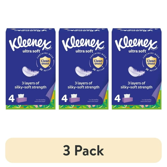 (3 pack) Kleenex Ultra Soft Facial Tissues, 4 Flat Boxes, 120 Tissues per Box, 3-Ply