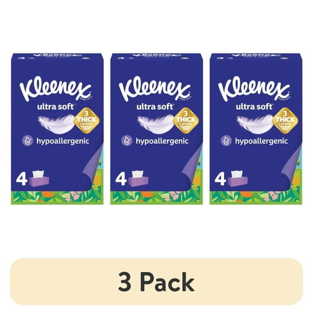 3 pack Kleenex Ultra Soft Facial Tissues, 4 Flat Boxes, 120 Tissues per Box 3 play