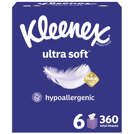 (3 pack) Kleenex Ultra Soft Facial Tissues, 6 Cube Boxes, 60 Tissues per Box, 3-Ply