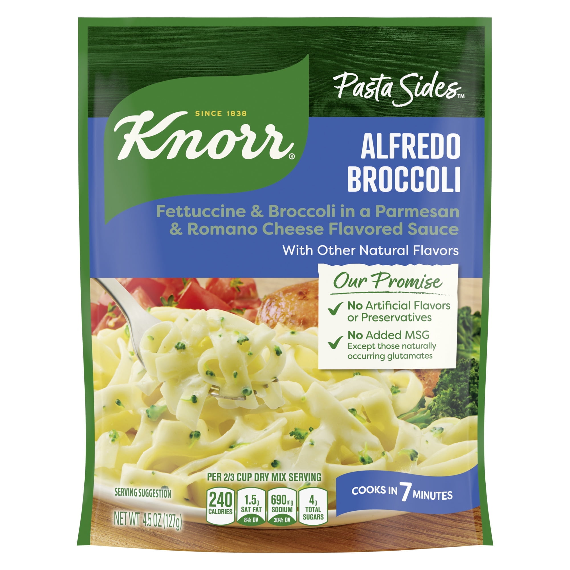 (3 pack) Knorr No Artificial Flavors Alfredo Broccoli Fettuccine Pasta Sides, 8 Minute Cook Time, 4.5 oz