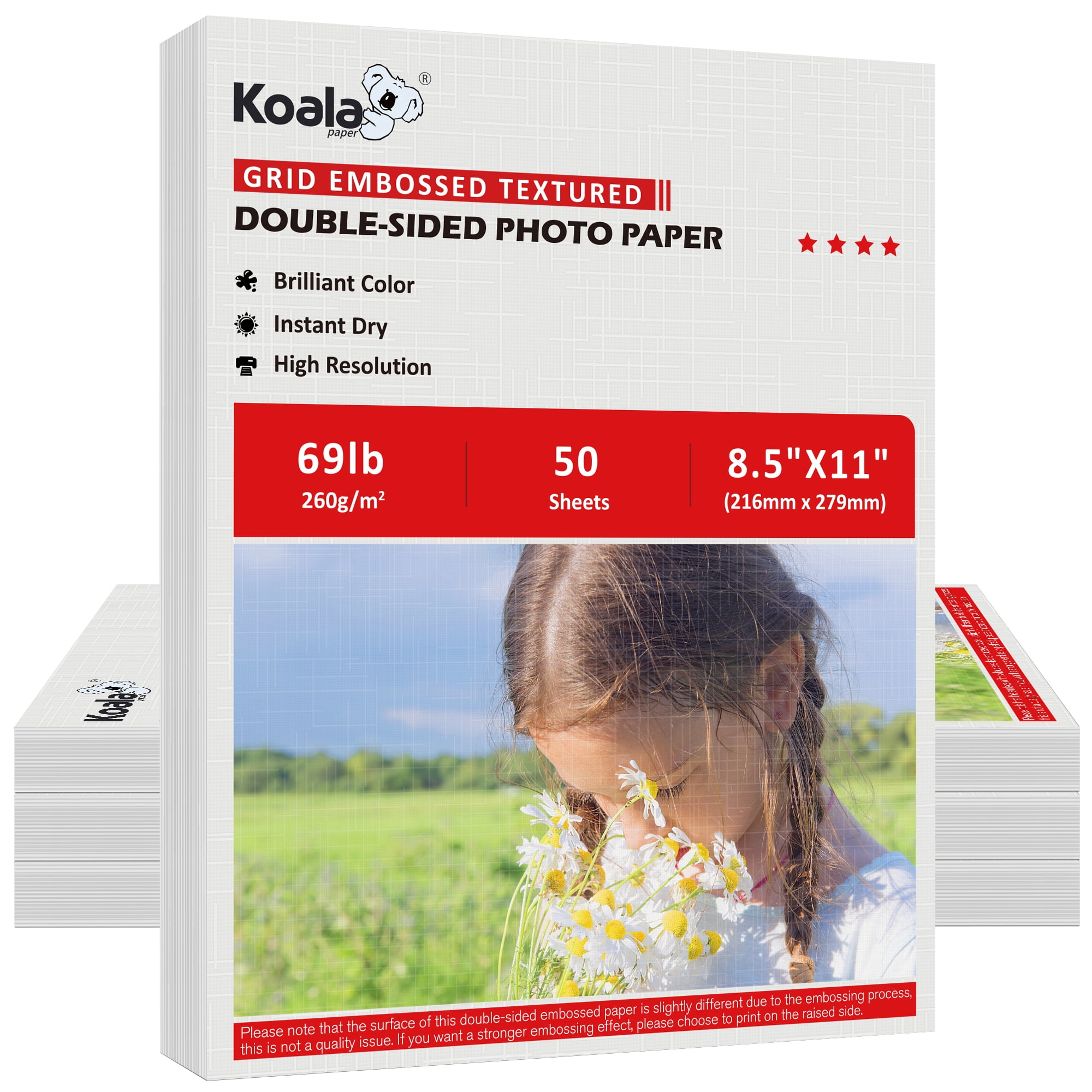 (3 pack) Koala Double Sided Photo Paper 8.5x11 inch, 69lb / 260gsm, 50 Count, Grid Embossed Textured, Soft Glossy Card Stock Paper for Inkjet Printer