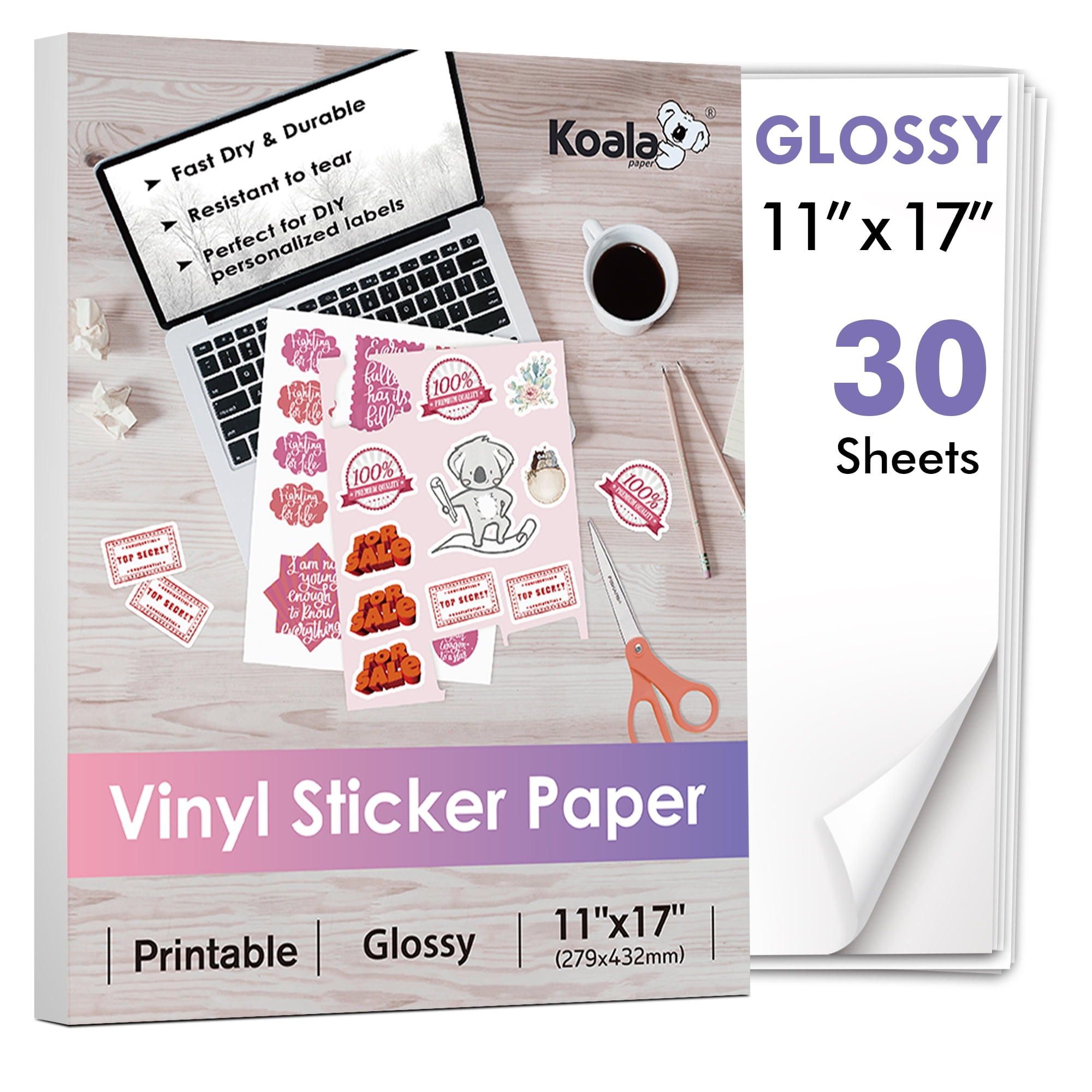 (3 pack) Koala Printable Vinyl Sticker Paper for Inkjet & Laser Printers , 11x17 inch Glossy White Waterproof Sticker Paper, Tear-Resistant, 10 Sheets