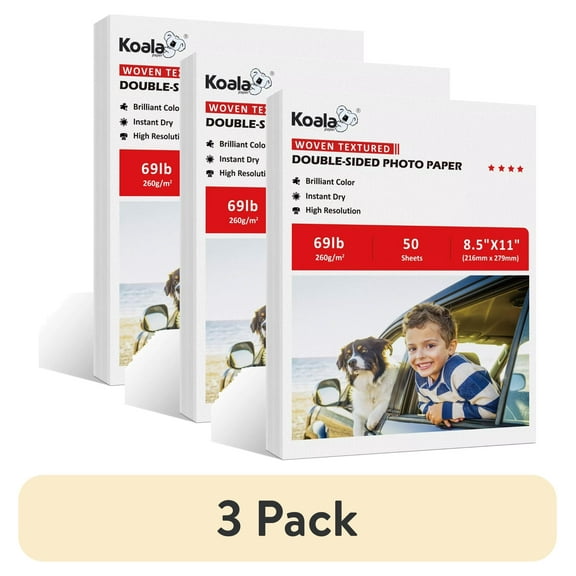 (3 pack) Koala Woven Textured Thick Printer Paper for Inkjet + Laser Printers, Double Sided Cardstock Paper 8.5x11 69lb 50 Sheets for DIY Invitation Card