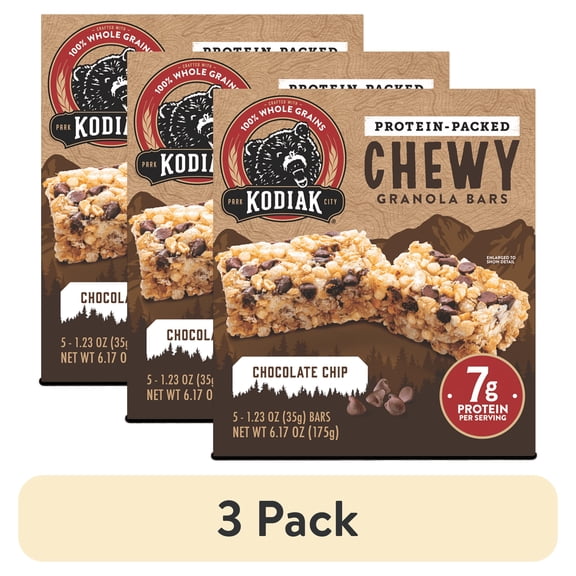 (3 pack) Kodiak Chocolate Chip Chewy Protein Granola Bars, 1.23 oz, 5 Count Cardboard Box