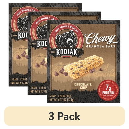 (3 pack) Kodiak Chocolate Chip Chewy Protein Granola Bars, 1.23 oz, 5 Count Cardboard Box