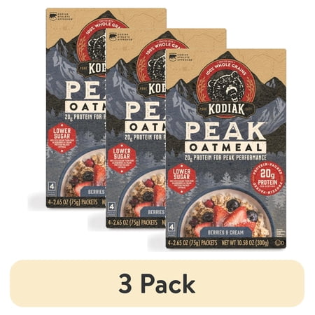 (3 pack) Kodiak Peak Protein-Packed Berries and Cream Instant Oatmeal Packets, 2.65 oz (4 Count)
