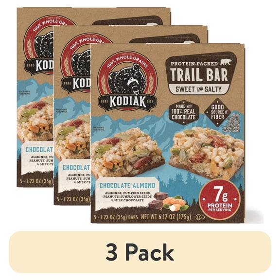 (3 pack) Kodiak Protein-Packed Chocolate Almond Trail Bars, 1.23 oz, 5 Count Cardboard Box