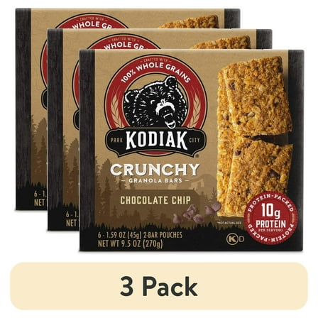 (3 pack) Kodiak Protein-Packed Chocolate Chip Crunchy Granola Bars, 1.59 oz, 6 Count