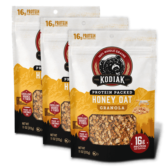 (3 pack) Kodiak Protein-Packed Honey Oat Protein Granola Bag, Ready to Eat, 11 oz