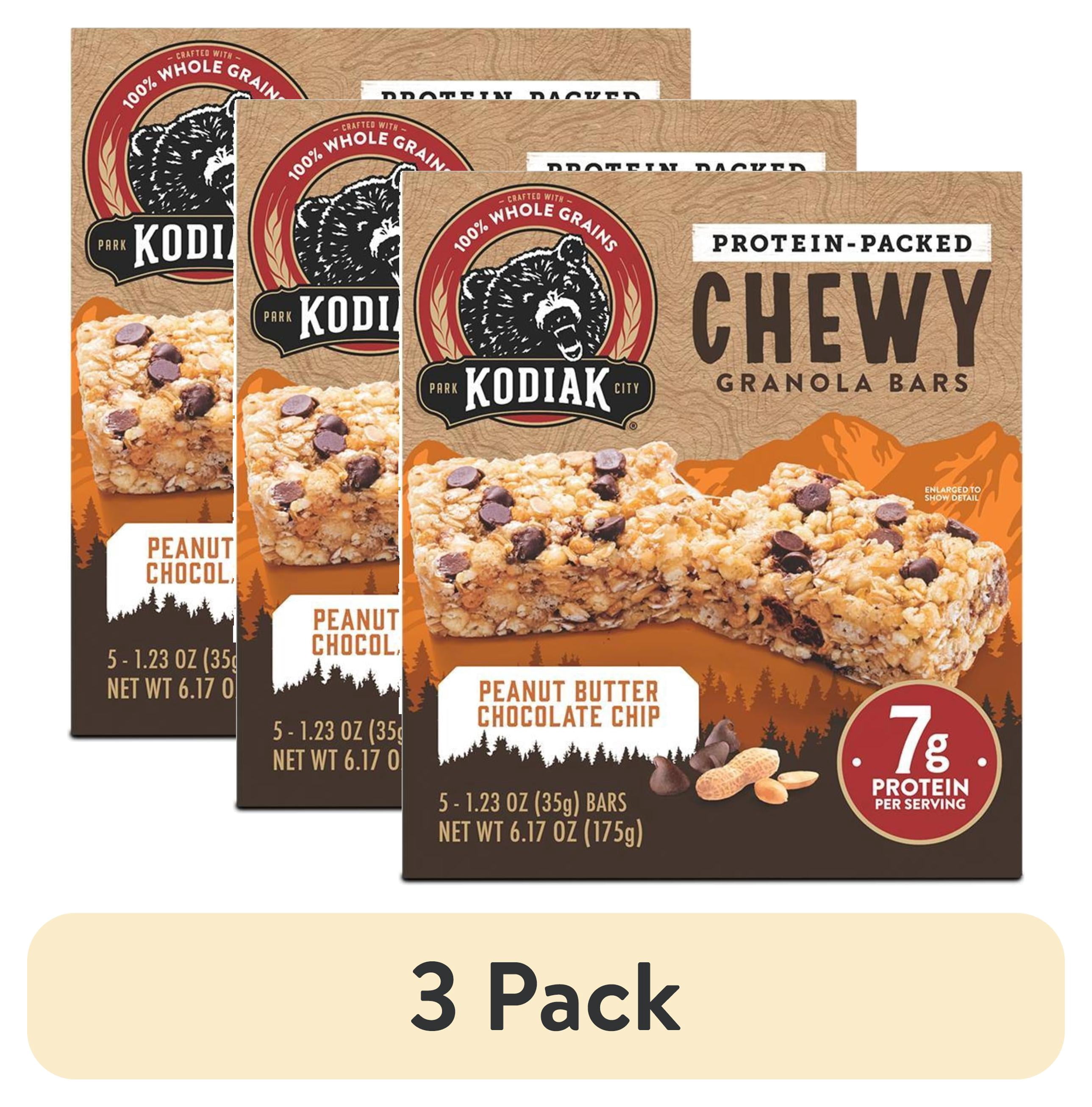(3 pack) Kodiak Protein Packed Peanut Butter Chocolate Chip Chewy Granola Bar, 1.23 oz, 5 Count Cardboard Box