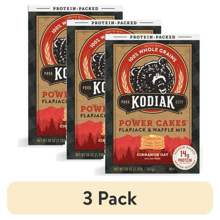 (3 pack) Kodiak Protein-Packed Power Cakes Cinnamon Oat Pancake and Waffle Mix, 20 oz Box