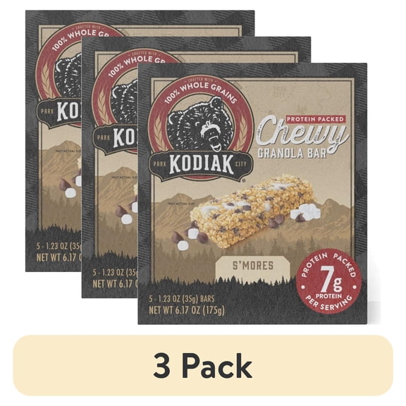 (3 pack) Kodiak Protein-Packed S'mores Chewy Granola Bars, 1.23 oz, 5 Count Cardboard Box