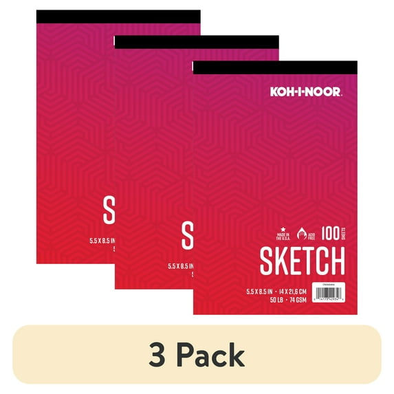 (3 pack) Kohinoor Sketch Paper Pad 5.5" x 8.5" 50lb./74GSM 100 Sheets Bright White Paper. Tape Bound. Acid and Lignin Free
