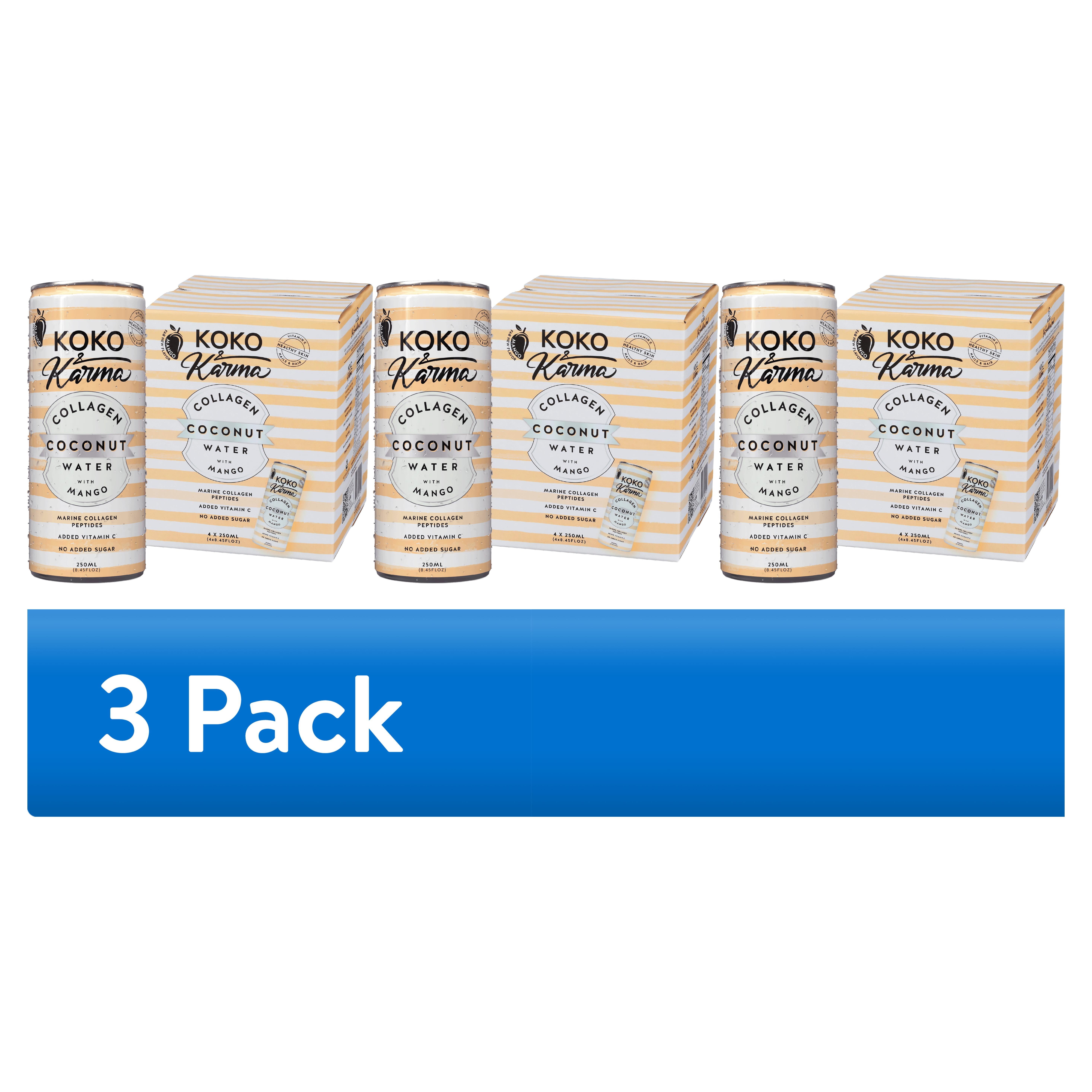 (3 pack) Koko & Karma Mango Coconut Water, Marine Collagen, No Added Sugar, 4-Pack Cans (8.45 fl oz Each)