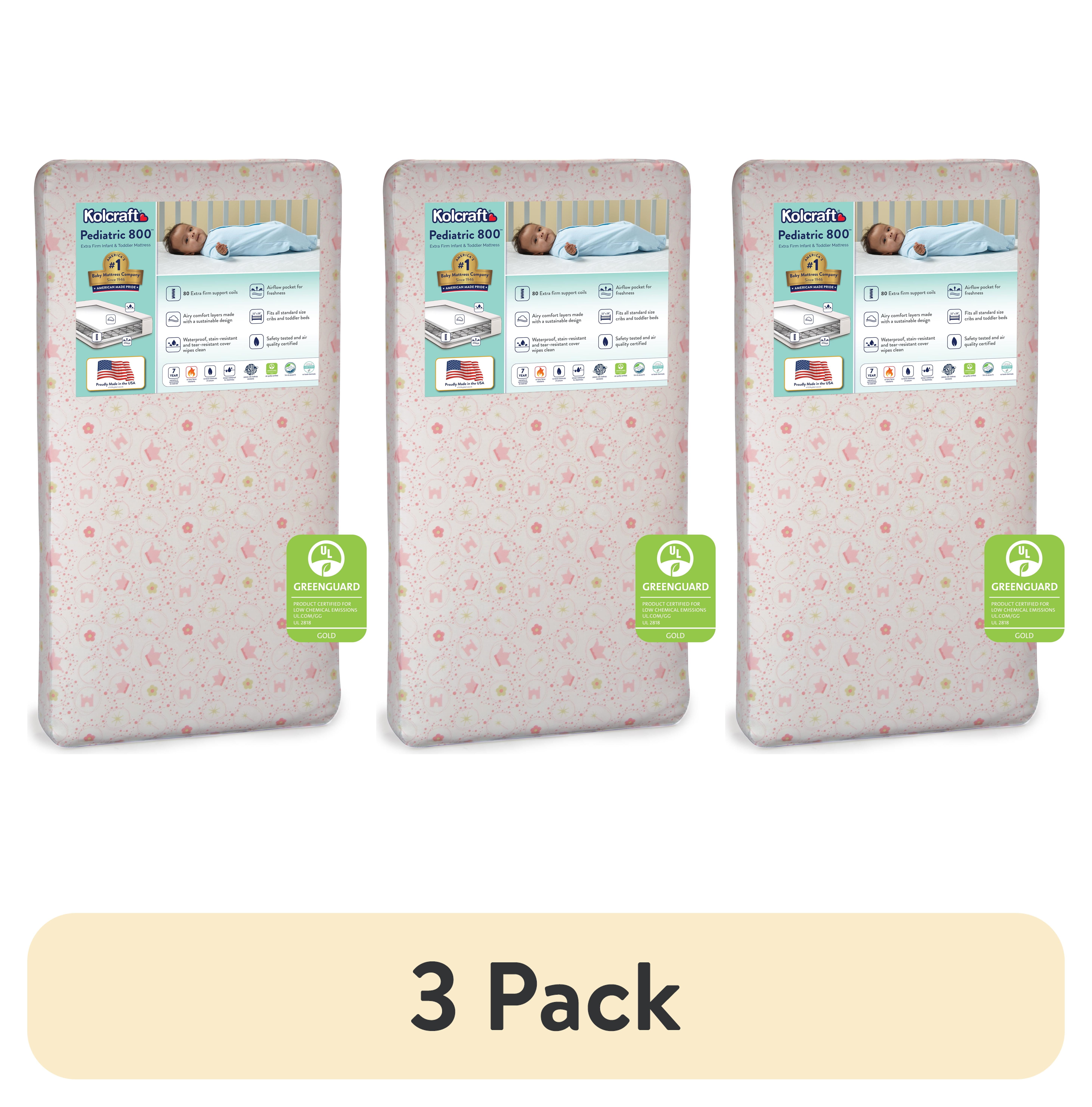 (3 pack) Kolcraft Pediatric 800 Extra Firm Baby Crib & Toddler Mattress, 80 Coil, Waterproof, Pink